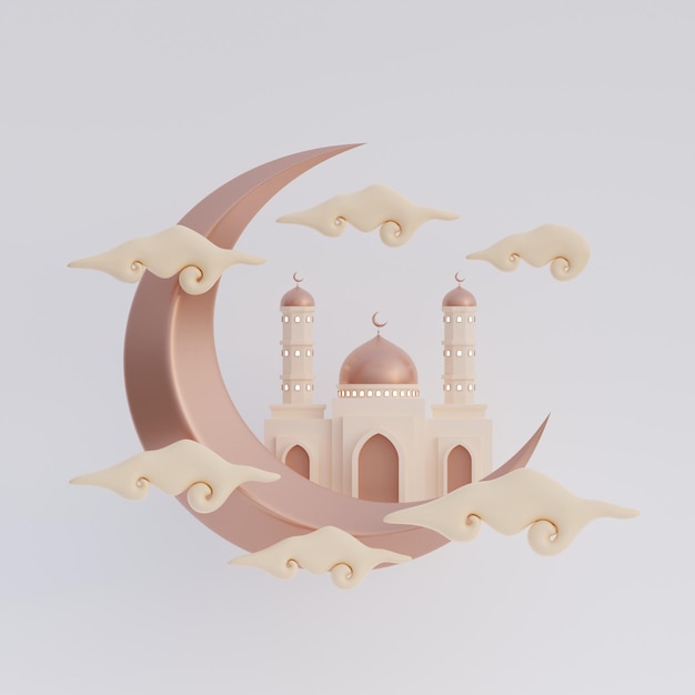 Islamic decoration background with 3d illustration mosque crescent moon cloud copy space