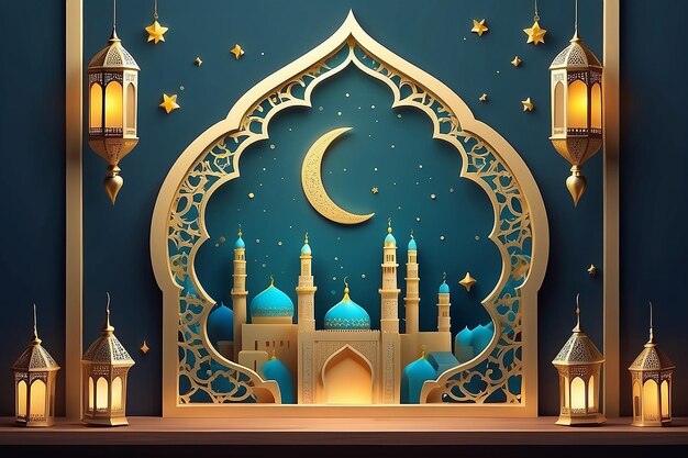 Islamic decoration background with arabic window frame crescent lantern cartoon style ramadan kareem mawlid