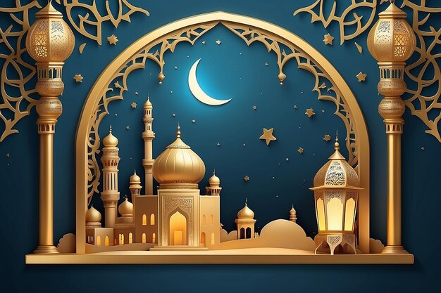 Islamic decoration background with arabic window frame crescent lantern cartoon style