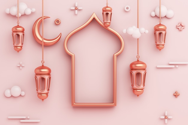 Islamic decoration background with arabic window frame lantern crescent copy space