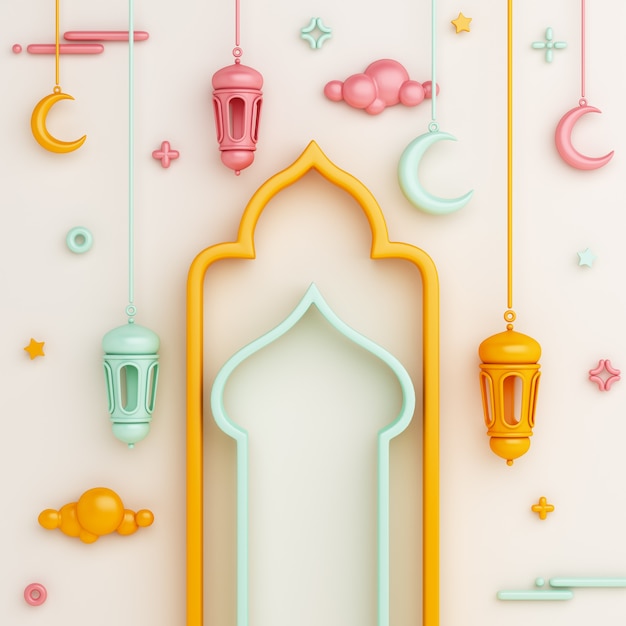 Islamic decoration background with arabic window lantern crescent