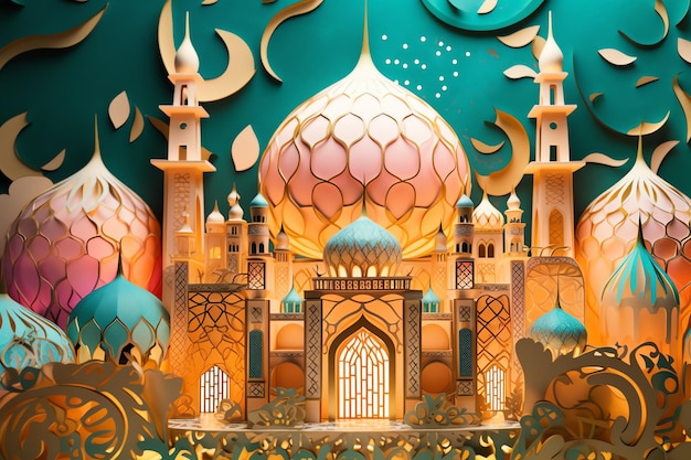 Islamic decoration background with beautiful mosque cartoon style ramadan kareem mawlid iftar isra miraj eid al fitr adha muharram copy space text area 3D illustration