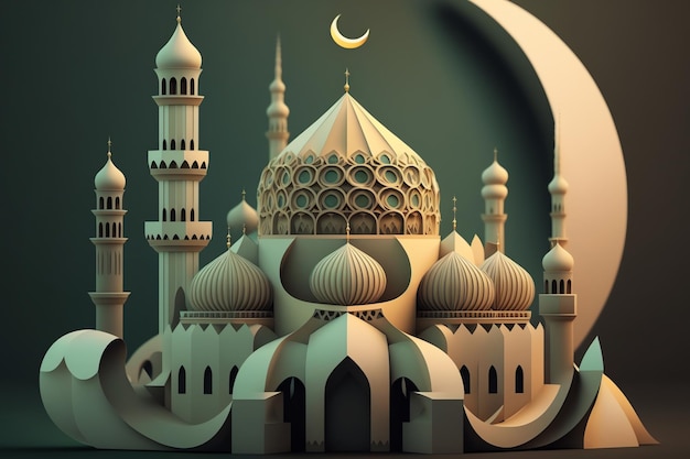 Islamic decoration background with beautiful mosque cartoon style ramadan kareem mawlid iftar isra miraj eid al fitr adha muharram copy space text area 3D illustration