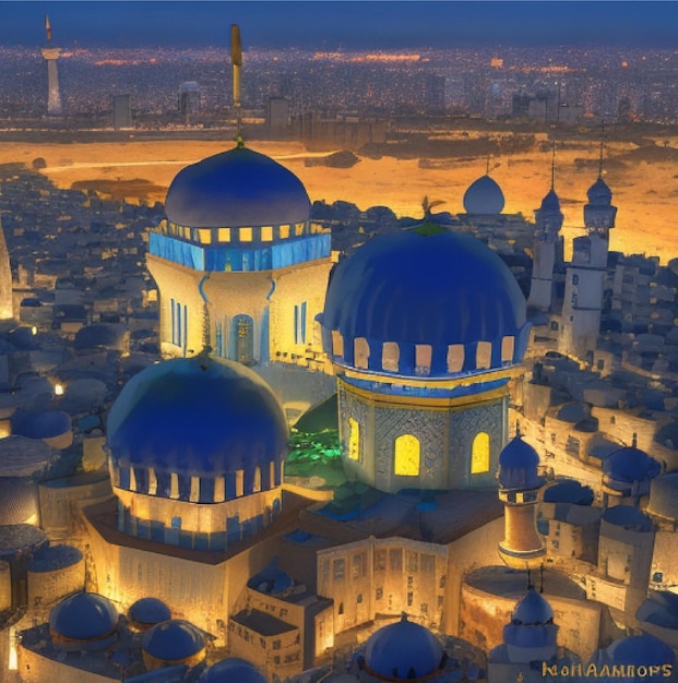 Foto sfondo di decorazione islamica con cartone animato moschea ramadan kareem mawlid iftar isra miraj eid al