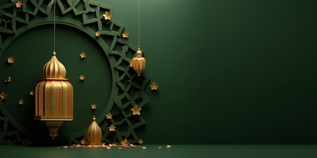 islamic decoration background with crescent moon lantern leaves