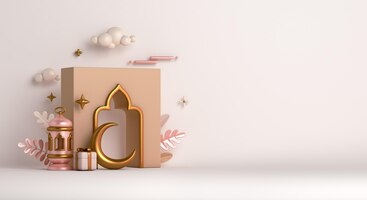 照片与新月清真寺伊斯兰装饰背景窗口灯笼礼盒
