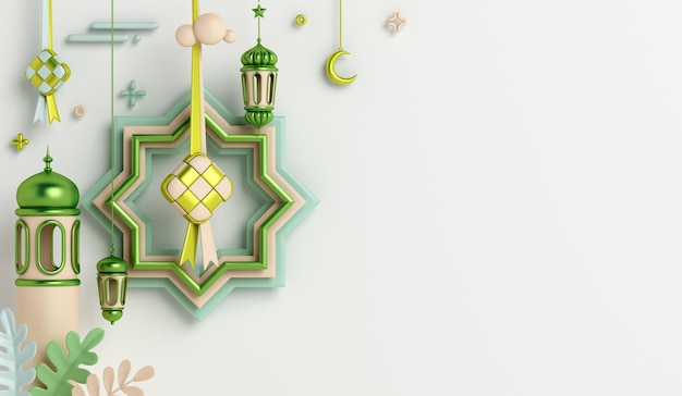 Islamic decoration background with ketupat crescent lantern