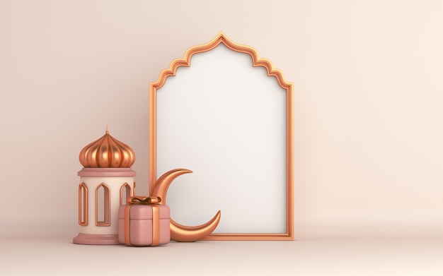 Sfondo decorazione islamica con finestra scatola regalo mezzaluna lanterna ramadan kareem eid muharram