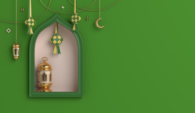 Islamic decoration background with mosque window ketupat lantern crescent eid mubarak