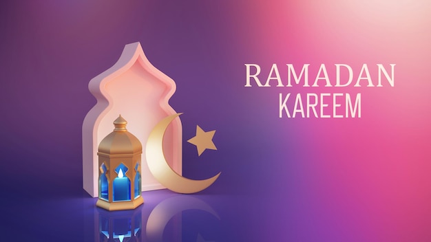 Фото Исламское украшение для рамадана с фонарем и мечетью на фиолетовом фоне