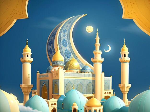 Islamic decoration mosque crescent moon and clouds on a light yellow amp blue background