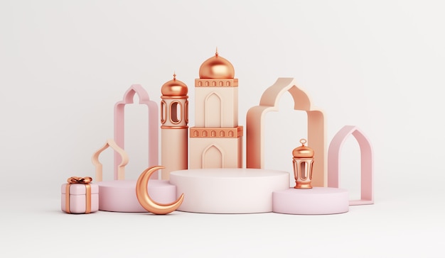 Islamic display podium decoration with mosque arabic lantern crescent