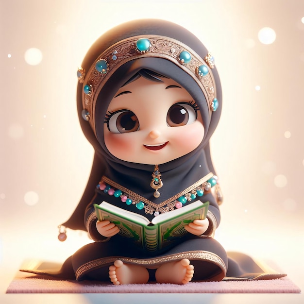 Islamic Dress 3D Animated Girl Smiles While Reading Quran