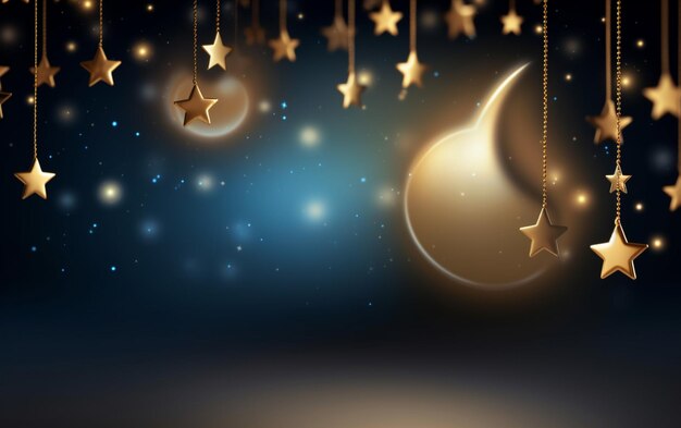 Photo islamic eid celebration background with crescent moon stars and bokeh effect for adha ramadan fitr