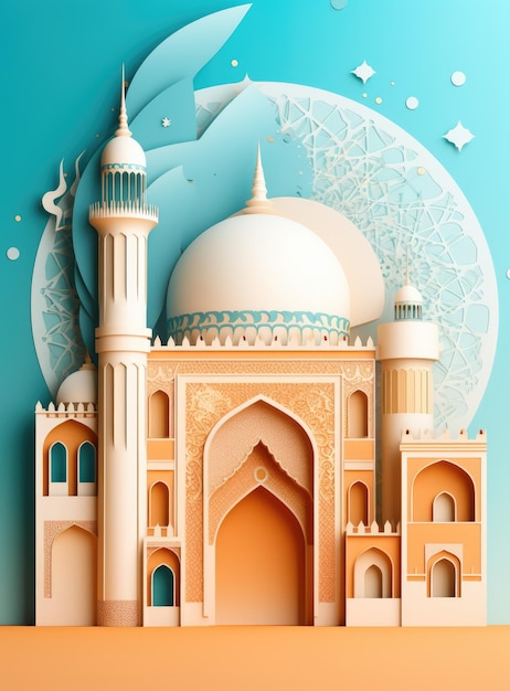 Islamic Eid Mubarak background Ramadan Kareem mosque moon lantern Paper art style Ai generated