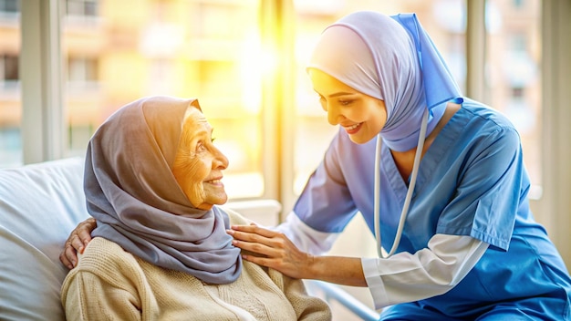 Photo islamic female nurse with hijabbearing blue medical tools comforting elderly patient with some of shunlight behind in hospital