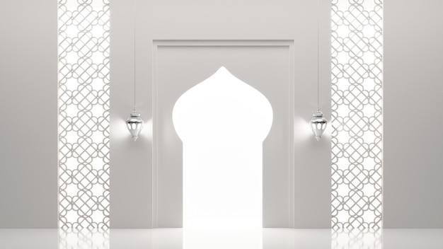 Islamic Festival Celebration Concept With Mosque Door Shape Silver Illuminated Arabic Lanterns Hang On Glossy Gray And White Islamic Pattern Background