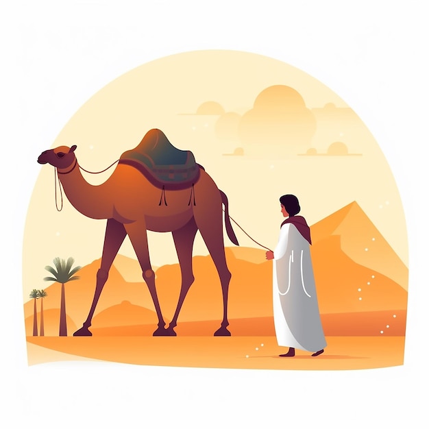 Islamic festival design with Muslim man camel and the desert