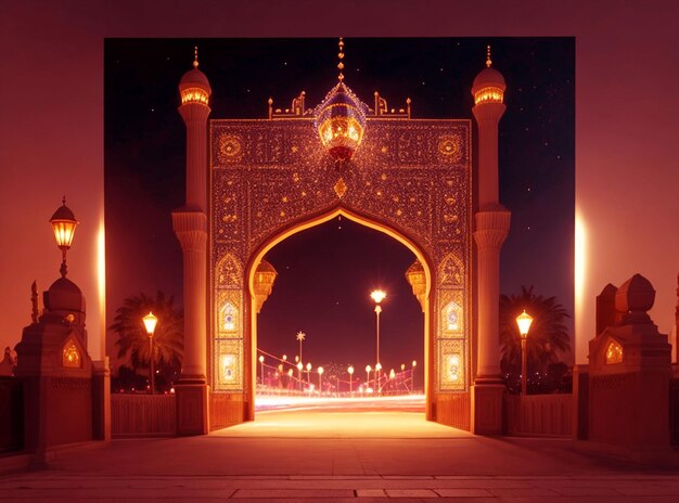 Islamic festival ramadan kareem Eid Mubarak royal elegant lamp with mosque holy gate