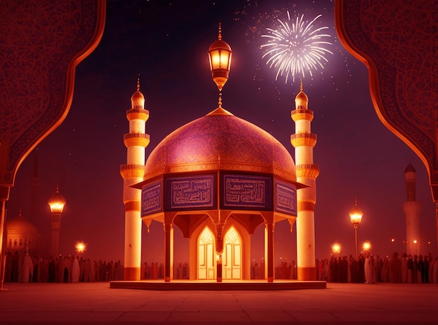 イスラム教の祭りラマダン カリーム イード ムバラク モスクの神聖な門を持つ王室のエレガントなランプ