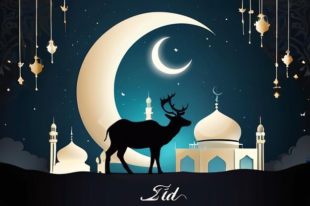 Photo islamic festival of sacrifice eiduladha mubarak background with buck silhouette