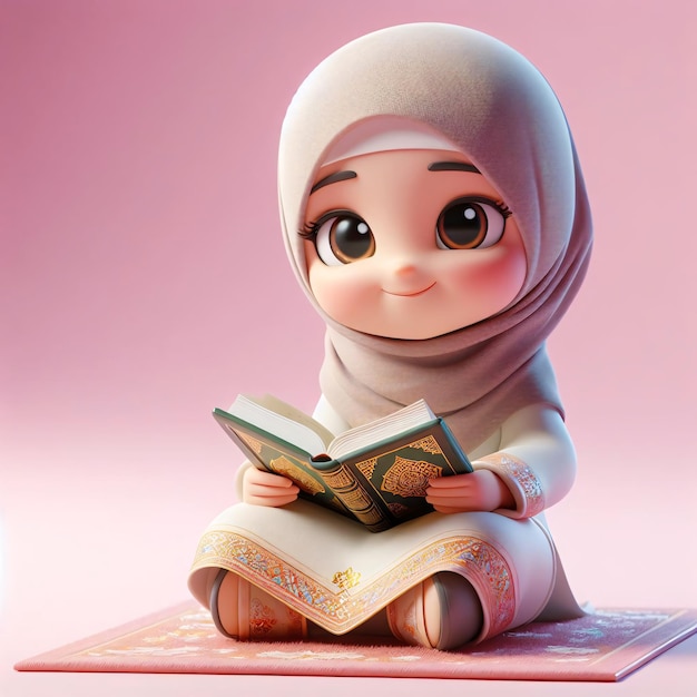 Islamic Garb 3D Cartoon Girl Engrossed in Quran Reading