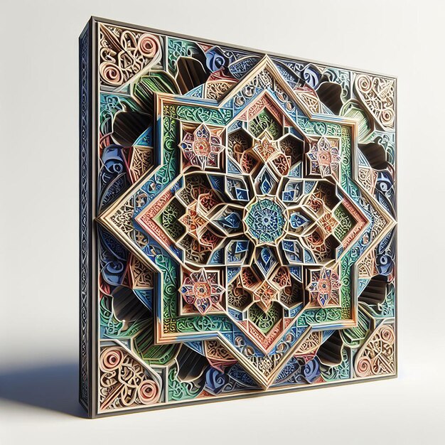 Исламское геометрическое искусство в 3D с сложными узорами и яркими цветами на белом фоне