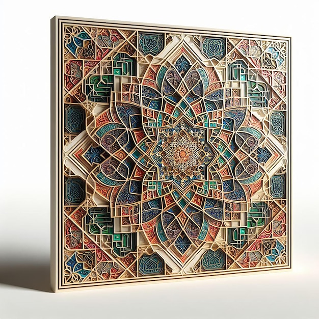 Islamic Geometric Art in 3D with Intricate Patterns and Vibrant Colors on White Background