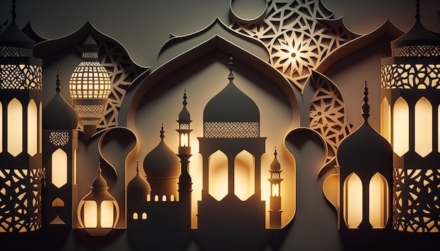 Islamic geometric pattern with lanterns and mosque silhouette AI Generative