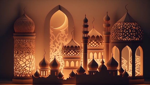 Исламский геометрический узор с фонарями и силуэтом мечети AI Generative