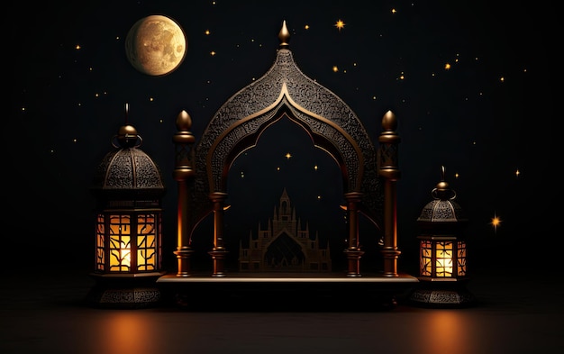 Photo islamic golden crescent and lantern background