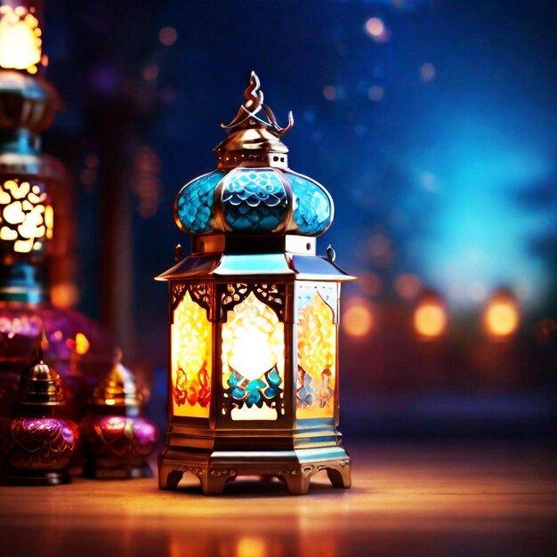 Photo islamic golden lantern on dark background