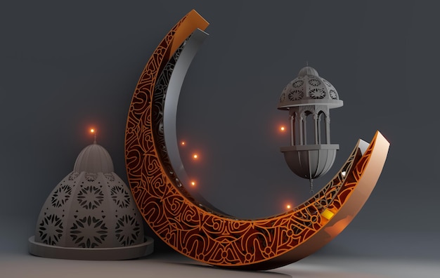 Исламская грандиозная иллюстрация 3D-анимационной рендеринговой подиумной мечети с набором символов полумесяца