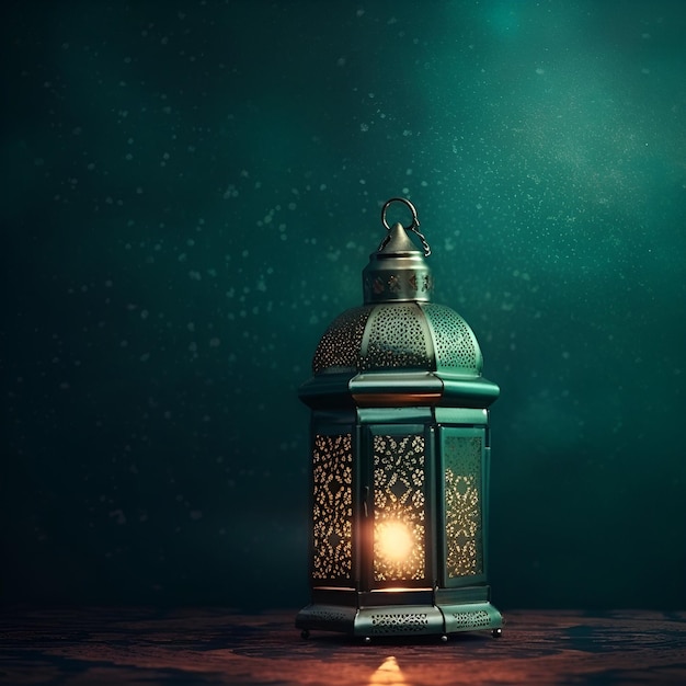 Islamic greeting Eid Mubarak cards for Muslim Holidays Arabic Ramadan Lantern on Emerald background Copy Space AI Generated