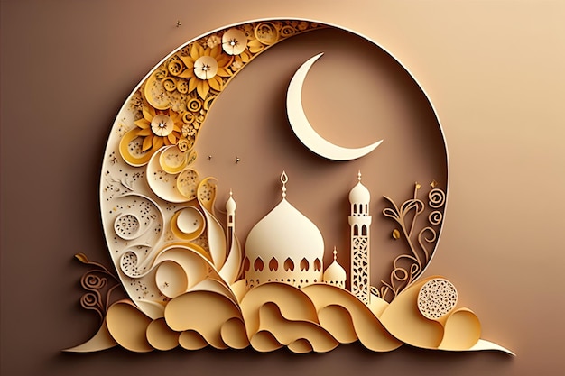 イスラム教徒の休日のためのイスラムの挨拶イード ムバラク カードイードウルアドハ祭のお祝いアラビア語のラマダン ランタン生成 AI クイリング ペーパー カット ラマダン カリームのモスクとクレセント イスラム