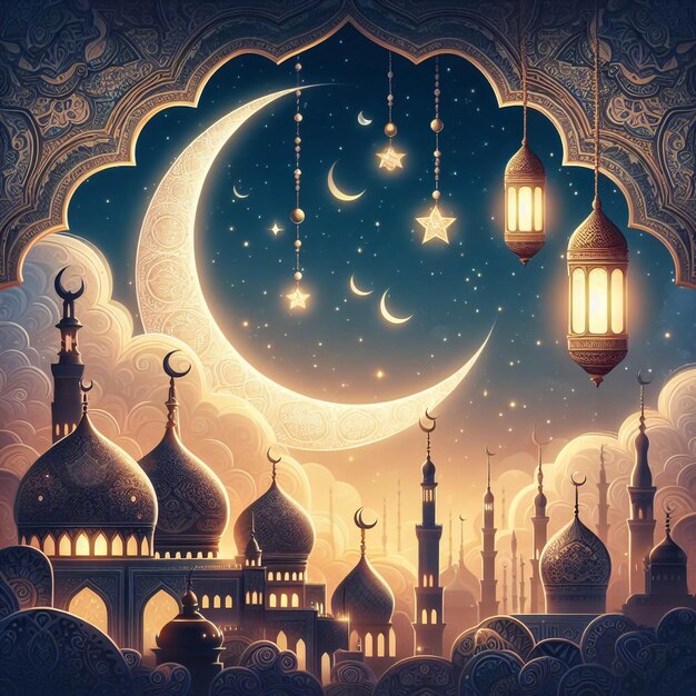 Islamic greeting Eid Mubarak cards for Muslims EidUlAdha festival Crescent Moon and Lantern