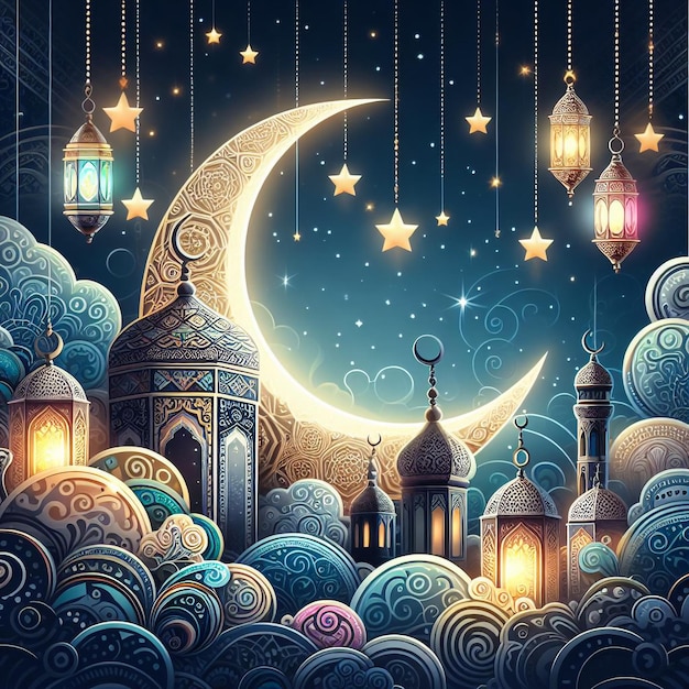 Islamic greeting Eid Mubarak cards for Muslims EidUlAdha festival Crescent Moon and Lantern