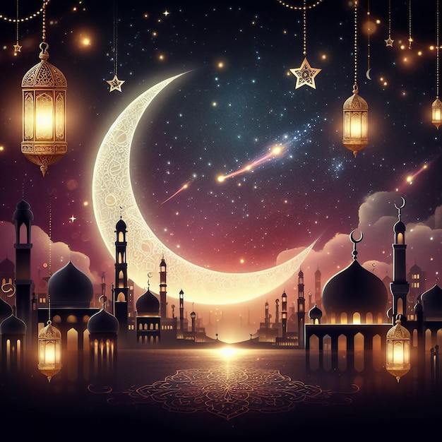 Photo islamic greeting eid mubarak cards for muslims eiduladha festival crescent moon and lantern