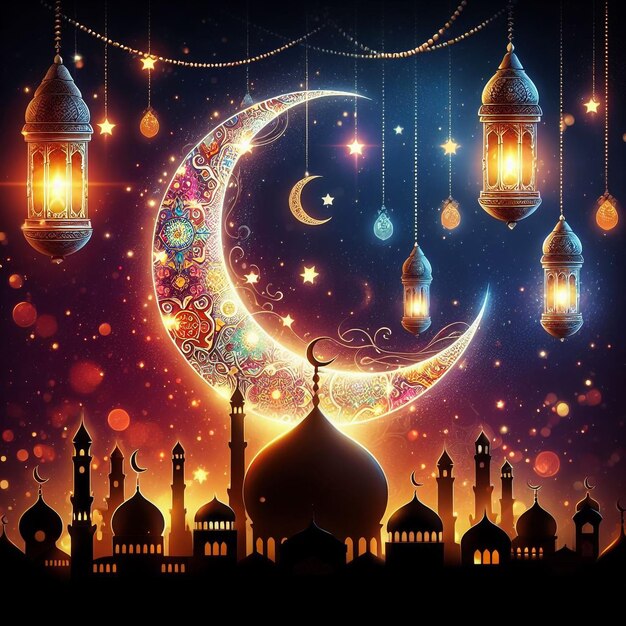 Photo islamic greeting eid mubarak cards for muslims eiduladha festival crescent moon and lantern