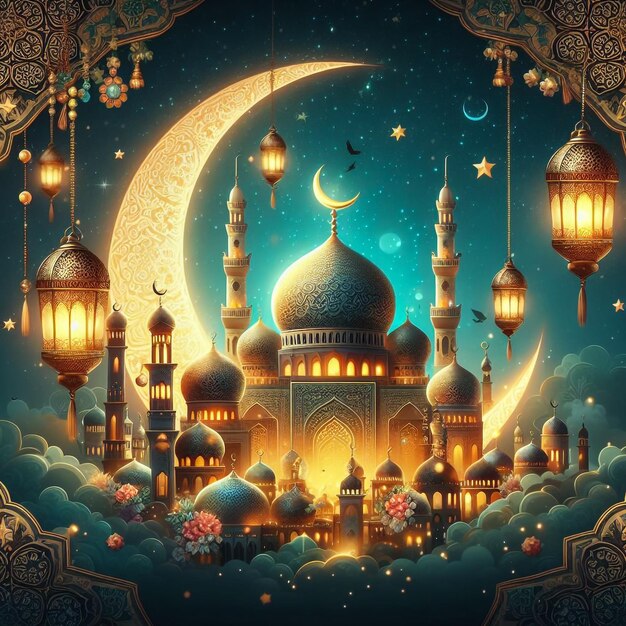 Photo islamic greeting eid mubarak cards for muslims eiduladha festival crescent moon and lantern