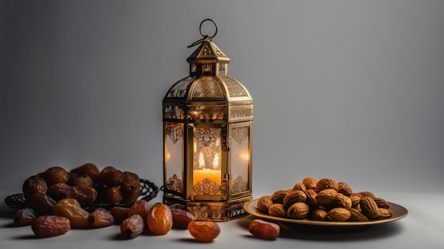 이슬람 인사말 Eid Mubarak 또는 Happy Eid 카드 디자인 아름다운 금등과 날짜 과일