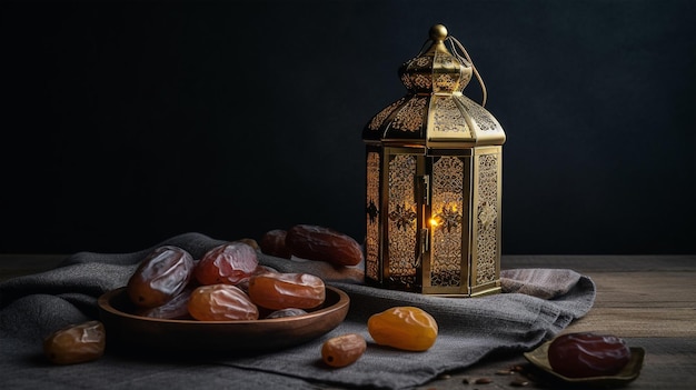 Islamic greetings Eid Mubarak or Happy Eid card design with beautiful gold lantern and dates fruit