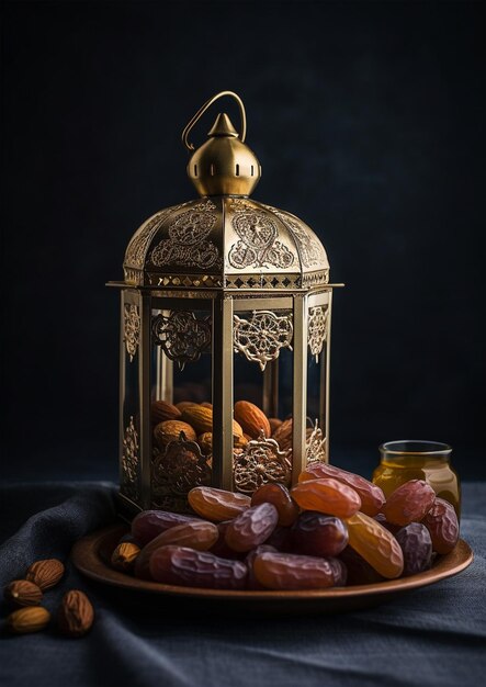 Исламские поздравления Ид Мубарак или дизайн открытки Happy Eid с красивым золотым фонарем и финиковыми фруктами