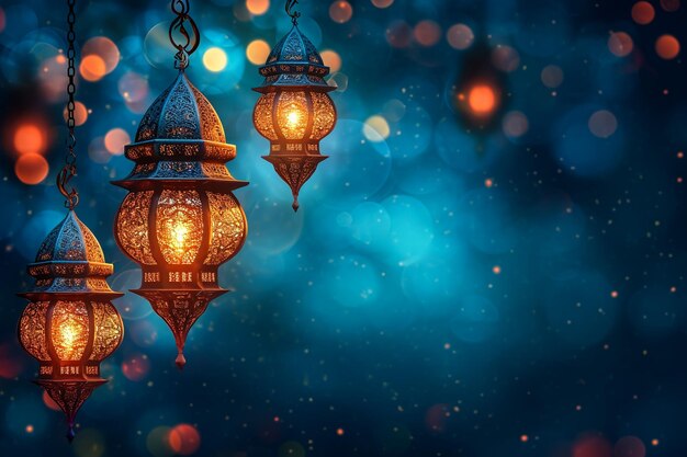 islamic greetings ramadan kareem card design background with lanterns