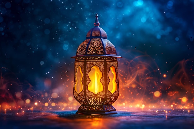写真 イスラム教の祝い ラマダン カリーム カードデザイン 背景はランターン