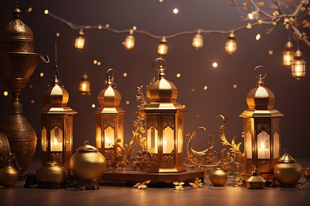 Исламские приветствия Рамадан Карим дизайн с красивыми фонарями и золотой лампой