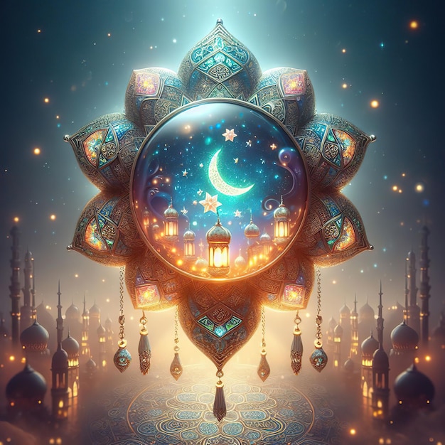Foto stendardo festivo islamico in design monotono viola display podium con lanterna di metallo luna di ramadan