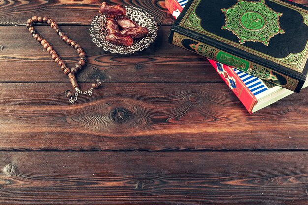 islamic holy book on wooden table