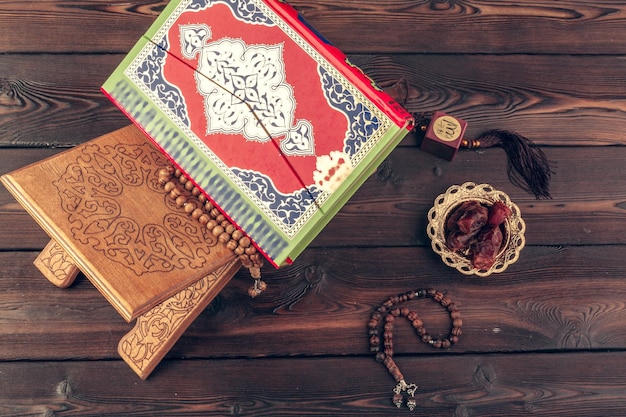 islamic holy book on wooden table