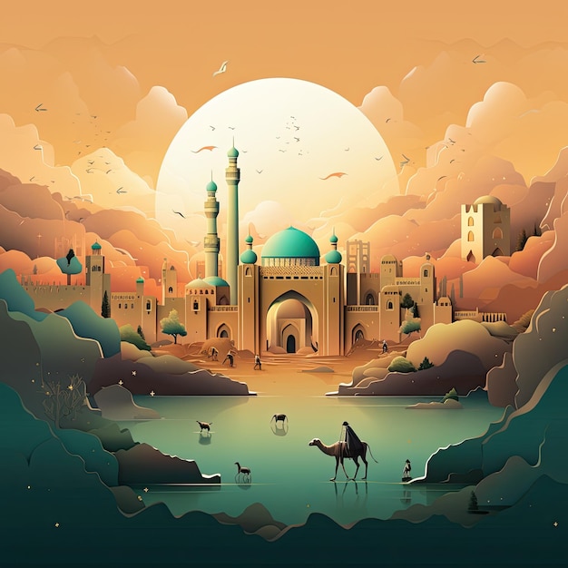 Islamic illustration background with mosque